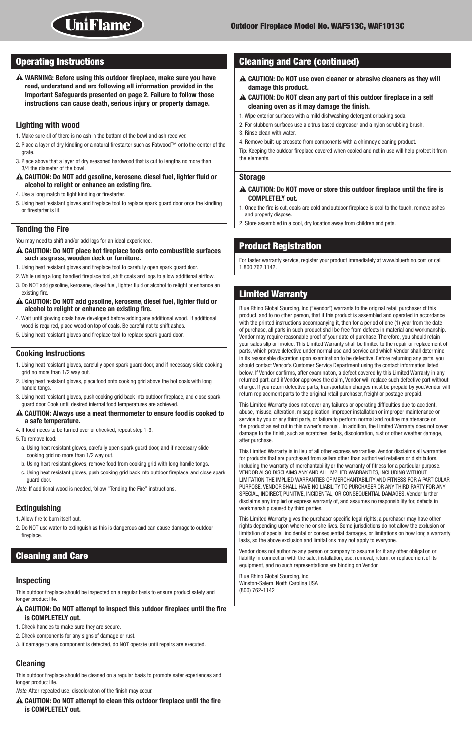 Cleaning and care, Product registration, Limited warranty | Blue Rhino WAF513C User Manual | Page 6 / 8