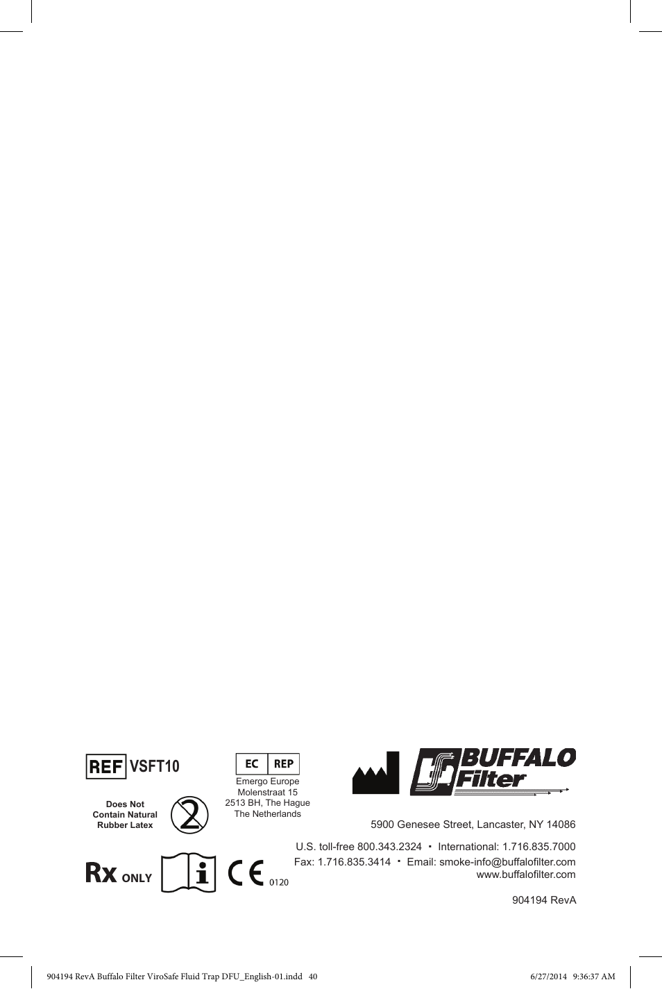 Vsft10 | Buffalo Filter ViroSafe Fluid Trap User Manual | Page 40 / 40