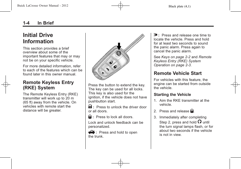 Initial drive information, Remote keyless entry (rke) system, Remote vehicle start | Initial drive information -4, Child restraints -34, Radio, System -4, Remote vehicle start -4, Navigation | Buick 2012 LaCrosse User Manual | Page 10 / 496