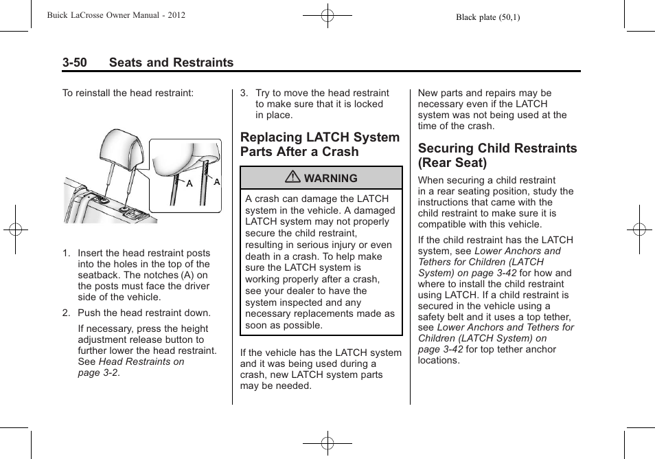 Replacing latch system parts after a crash, Securing child restraints (rear seat), Replacing latch system | Parts after a crash -50, Securing child restraints, Rear seat) -50 | Buick 2012 LaCrosse User Manual | Page 106 / 496