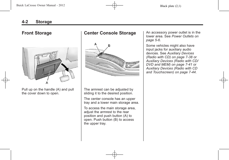 Front storage, Center console storage | Buick 2012 LaCrosse User Manual | Page 114 / 496