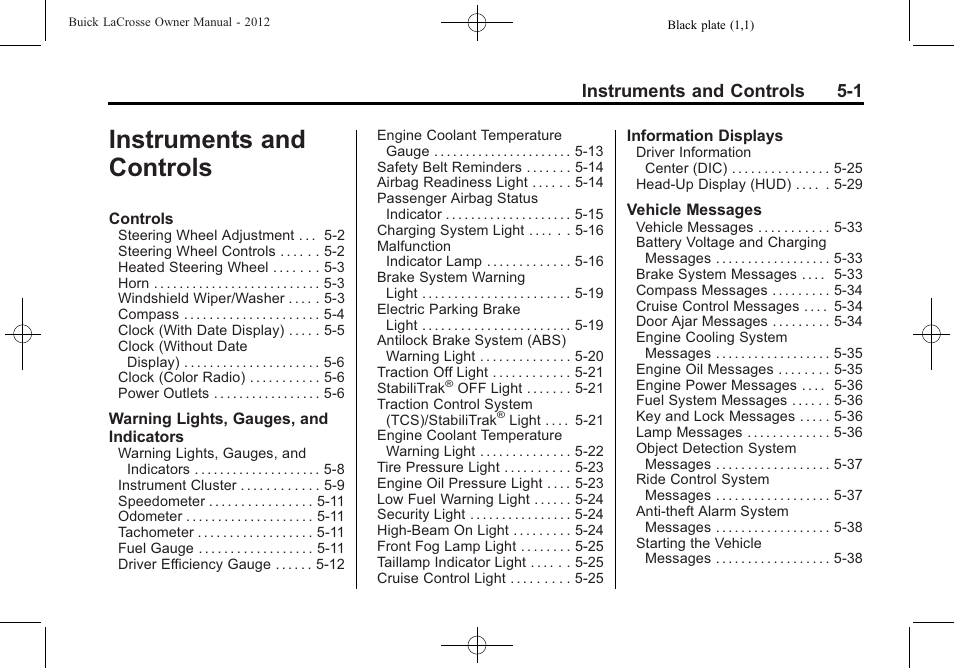 Instruments and controls, Instruments and controls -1, Instruments and controls 5-1 | Buick 2012 LaCrosse User Manual | Page 117 / 496