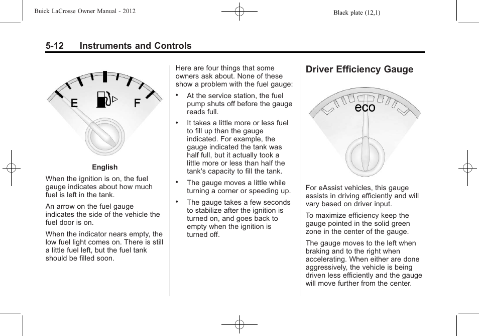 Driver efficiency gauge, Driver efficiency gauge -12, 12 instruments and controls | Buick 2012 LaCrosse User Manual | Page 128 / 496