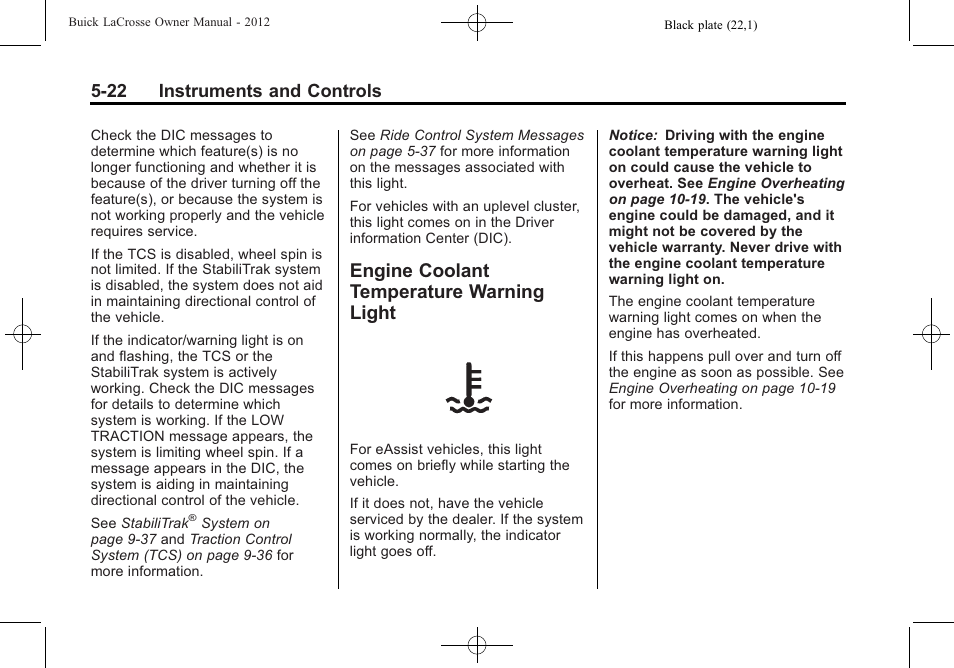 Engine coolant temperature warning light, Engine coolant temperature, Warning light -22 | 22 instruments and controls | Buick 2012 LaCrosse User Manual | Page 138 / 496