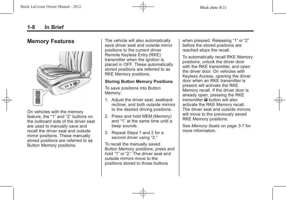 Memory features, Memory features -8, 8 in brief | Buick 2012 LaCrosse User Manual | Page 14 / 496