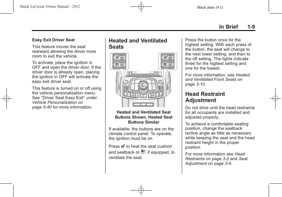 Heated and ventilated seats, Head restraint adjustment, Heated and ventilated | Seats -9, Head restraint adjustment -9 | Buick 2012 LaCrosse User Manual | Page 15 / 496