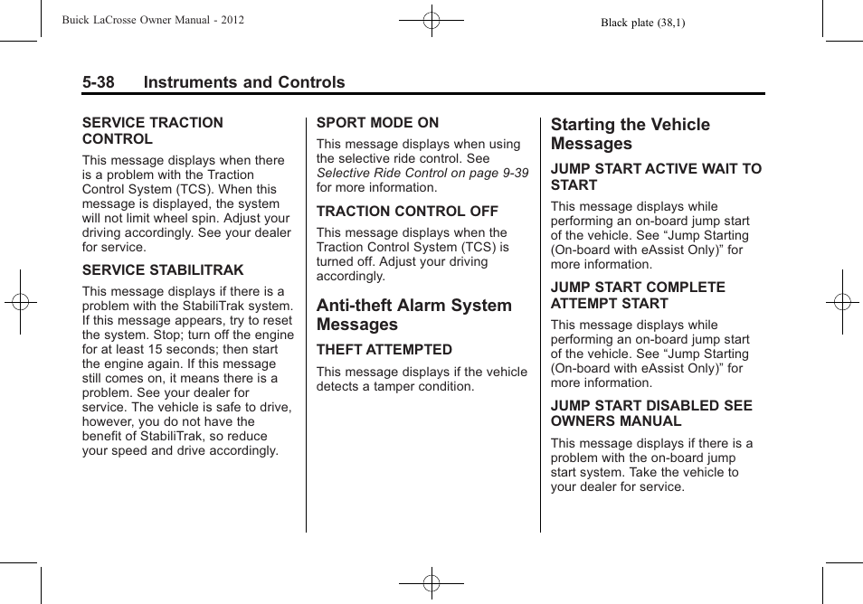 Anti-theft alarm system messages, Starting the vehicle messages, Anti-theft alarm system | Messages -38, Starting the vehicle | Buick 2012 LaCrosse User Manual | Page 154 / 496