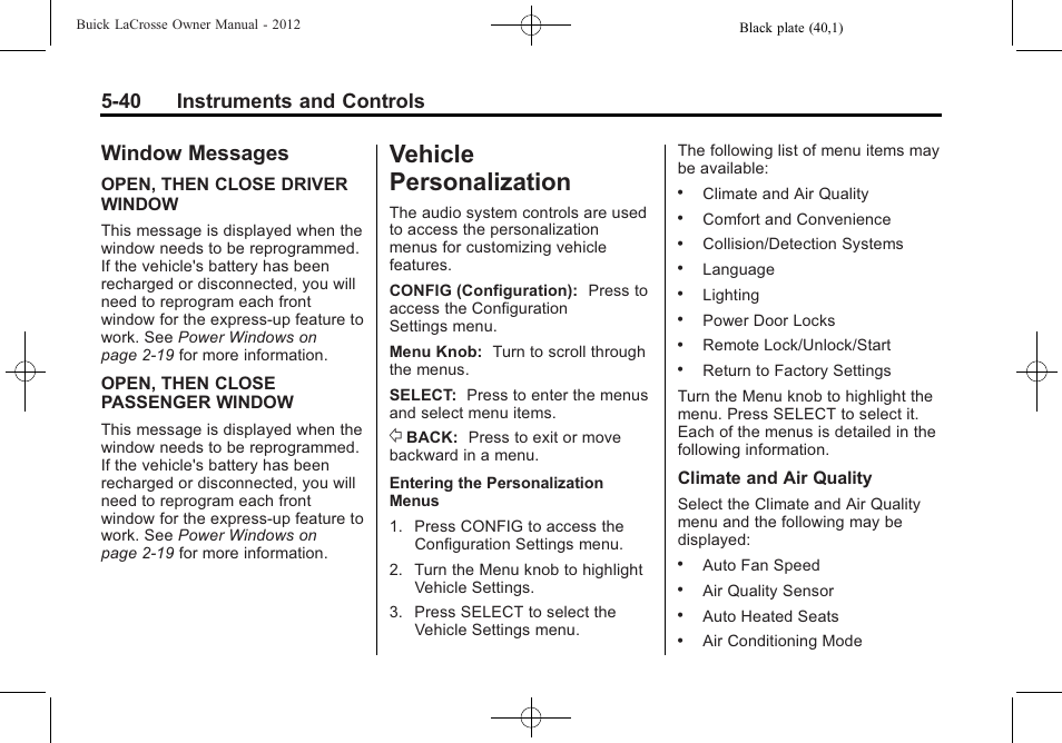 Window messages, Vehicle personalization, Vehicle personalization -40 | Driving information, Window messages -40, 40 instruments and controls | Buick 2012 LaCrosse User Manual | Page 156 / 496