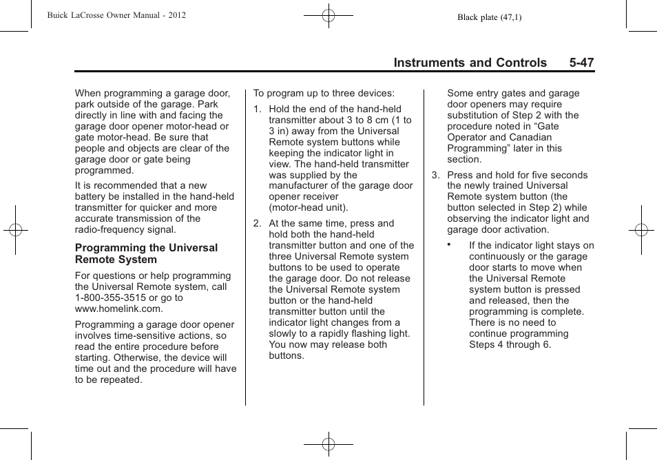 Instruments and controls 5-47 | Buick 2012 LaCrosse User Manual | Page 163 / 496