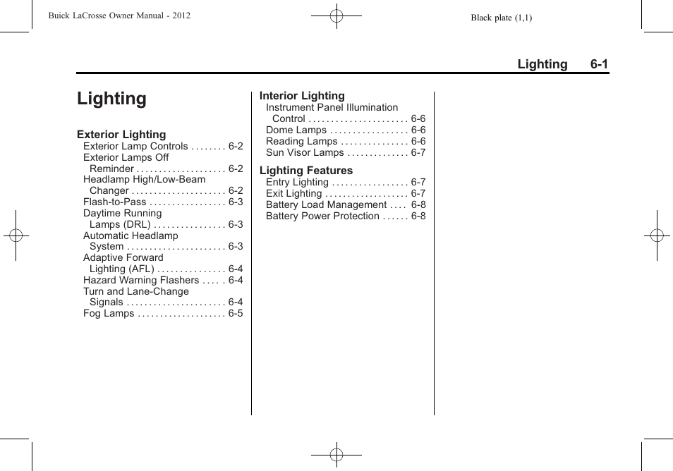 Lighting, Lighting -1 | Buick 2012 LaCrosse User Manual | Page 167 / 496