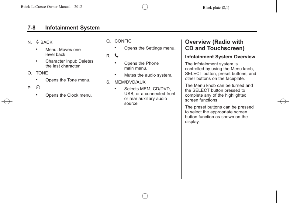 Overview (radio with cd and touchscreen), Overview (radio with cd and, Touchscreen) -8 | 8 infotainment system | Buick 2012 LaCrosse User Manual | Page 182 / 496