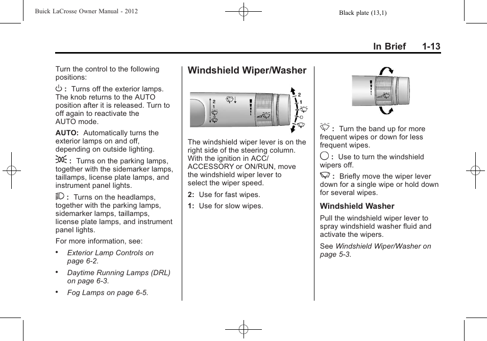 Windshield wiper/washer, Windshield wiper/washer -13 | Buick 2012 LaCrosse User Manual | Page 19 / 496