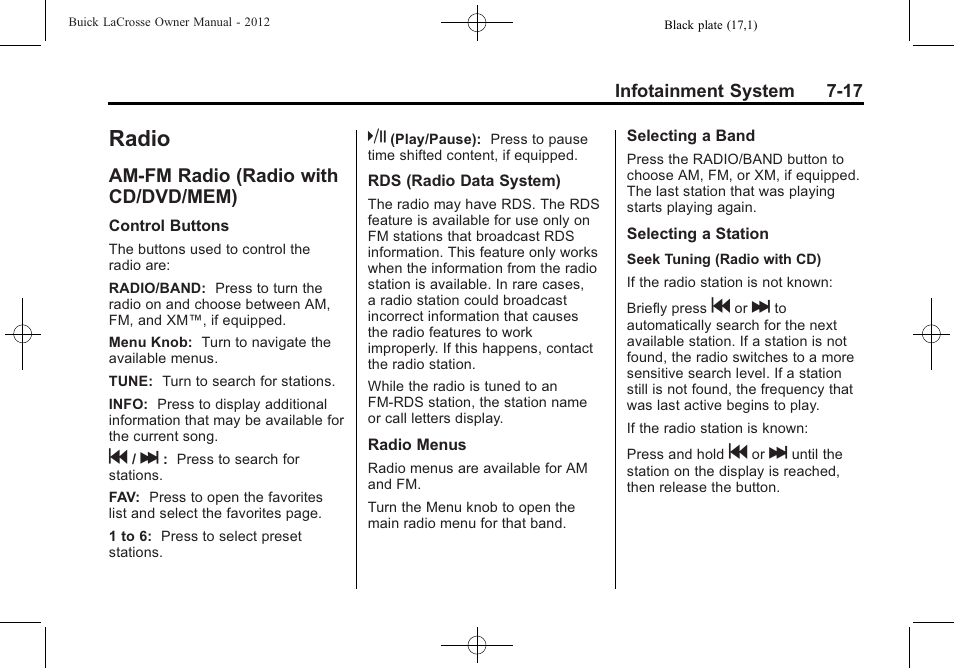 Radio, Am-fm radio (radio with cd/dvd/mem), Am-fm radio (radio with cd | Dvd/mem) -17, Cd/dvd player | Buick 2012 LaCrosse User Manual | Page 191 / 496