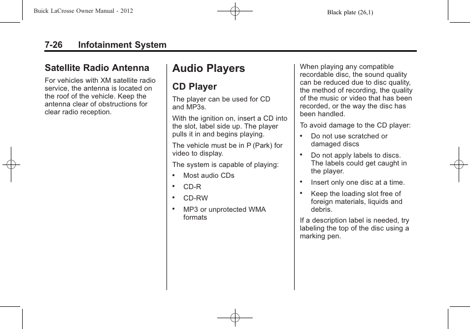 Satellite radio antenna, Audio players, Cd player | Audio players -26, Satellite radio antenna -26, Cd player -26, 26 infotainment system | Buick 2012 LaCrosse User Manual | Page 200 / 496