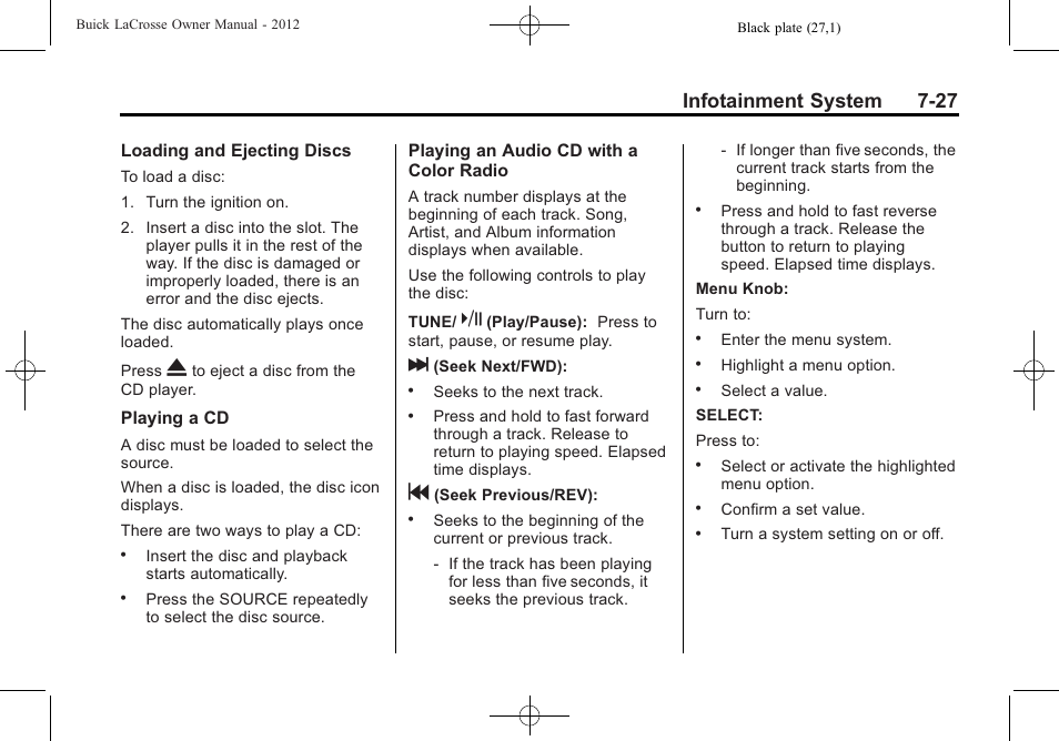 Infotainment system 7-27 | Buick 2012 LaCrosse User Manual | Page 201 / 496