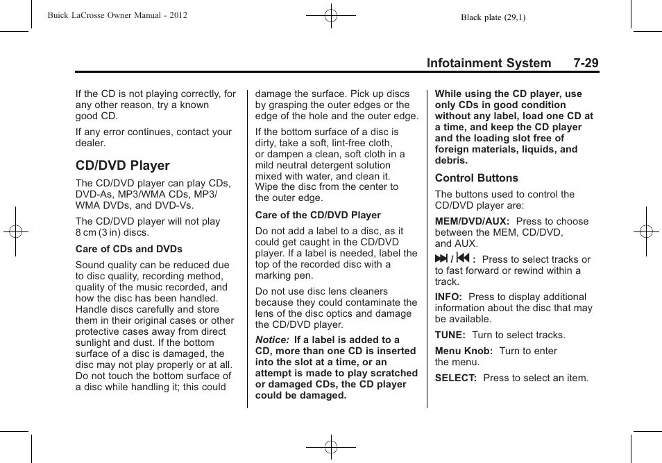 Cd/dvd player | Buick 2012 LaCrosse User Manual | Page 203 / 496