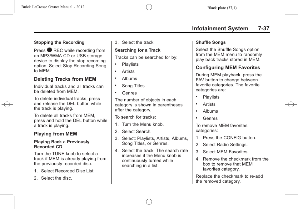 Infotainment system 7-37 | Buick 2012 LaCrosse User Manual | Page 211 / 496