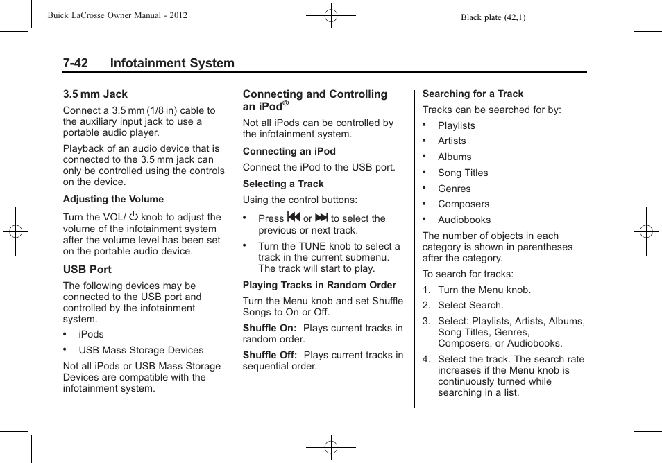 42 infotainment system | Buick 2012 LaCrosse User Manual | Page 216 / 496