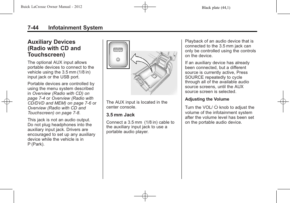 Auxiliary devices (radio with cd and touchscreen), Auxiliary devices, Radio with cd and touchscreen) -44 | Buick 2012 LaCrosse User Manual | Page 218 / 496