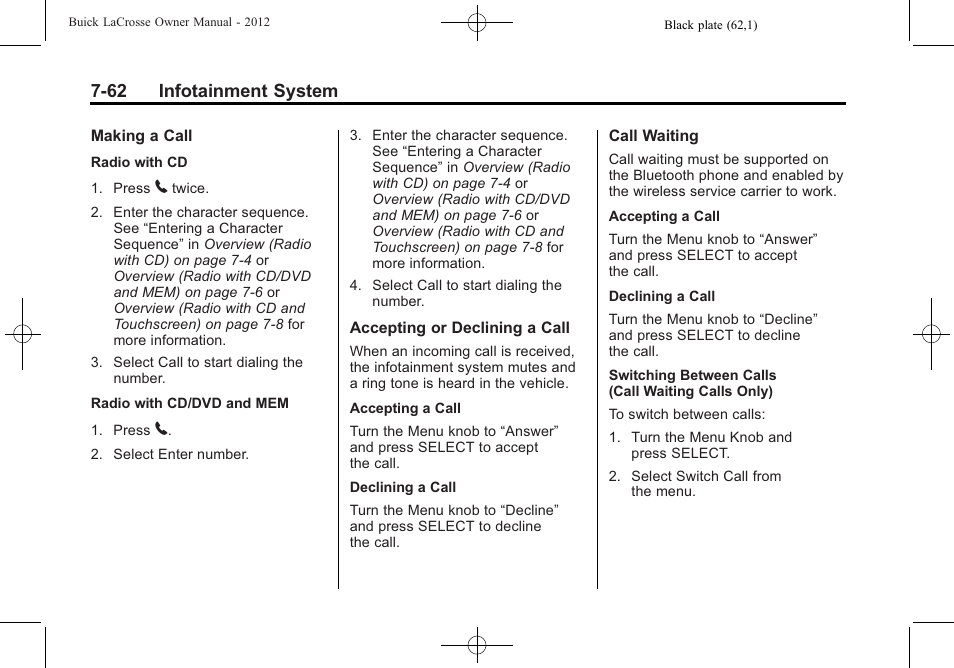 62 infotainment system | Buick 2012 LaCrosse User Manual | Page 236 / 496