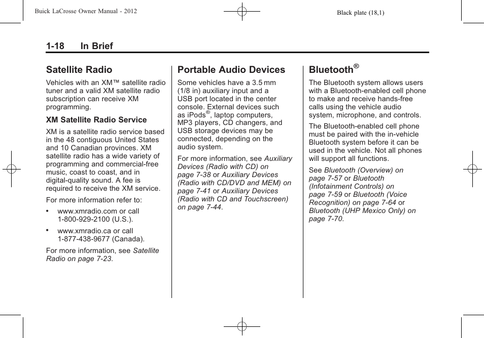 Satellite radio, Portable audio devices, Bluetooth | 18 in brief | Buick 2012 LaCrosse User Manual | Page 24 / 496