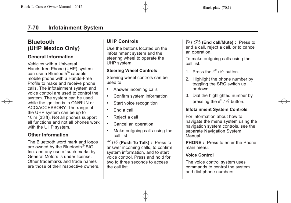 Bluetooth (uhp mexico only), Bluetooth (uhp, Mexico only) -70 | Taking your, 70 infotainment system | Buick 2012 LaCrosse User Manual | Page 244 / 496