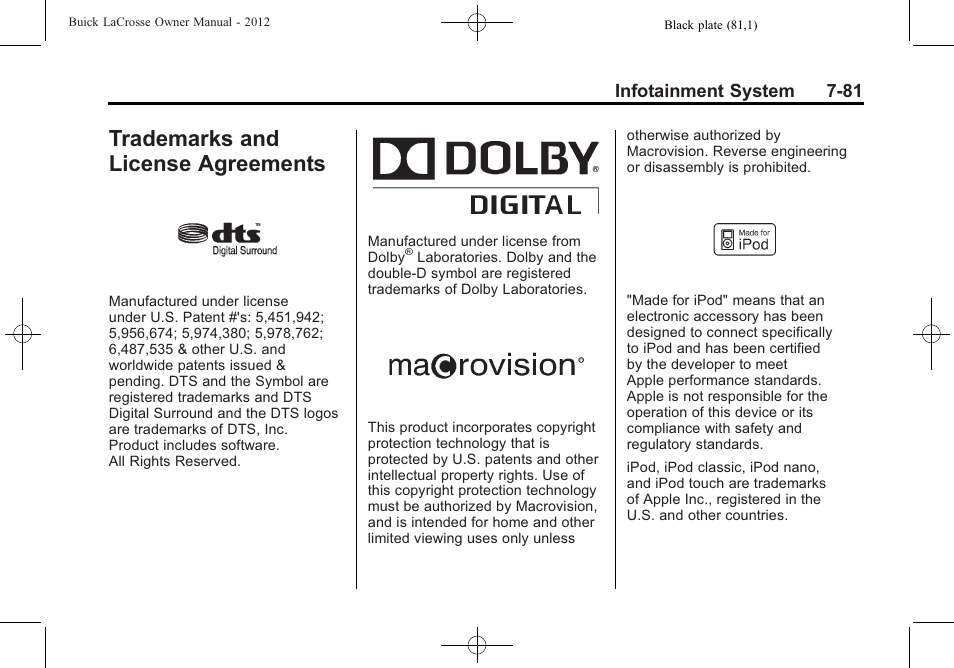 Trademarks and license agreements, Trademarks and license, Agreements -81 | Infotainment system 7-81 | Buick 2012 LaCrosse User Manual | Page 255 / 496