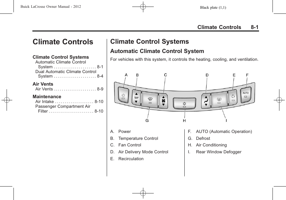 Climate controls, Climate control systems, Automatic climate control system | Climate controls -1, Climate control systems -1, Automatic climate control | Buick 2012 LaCrosse User Manual | Page 257 / 496