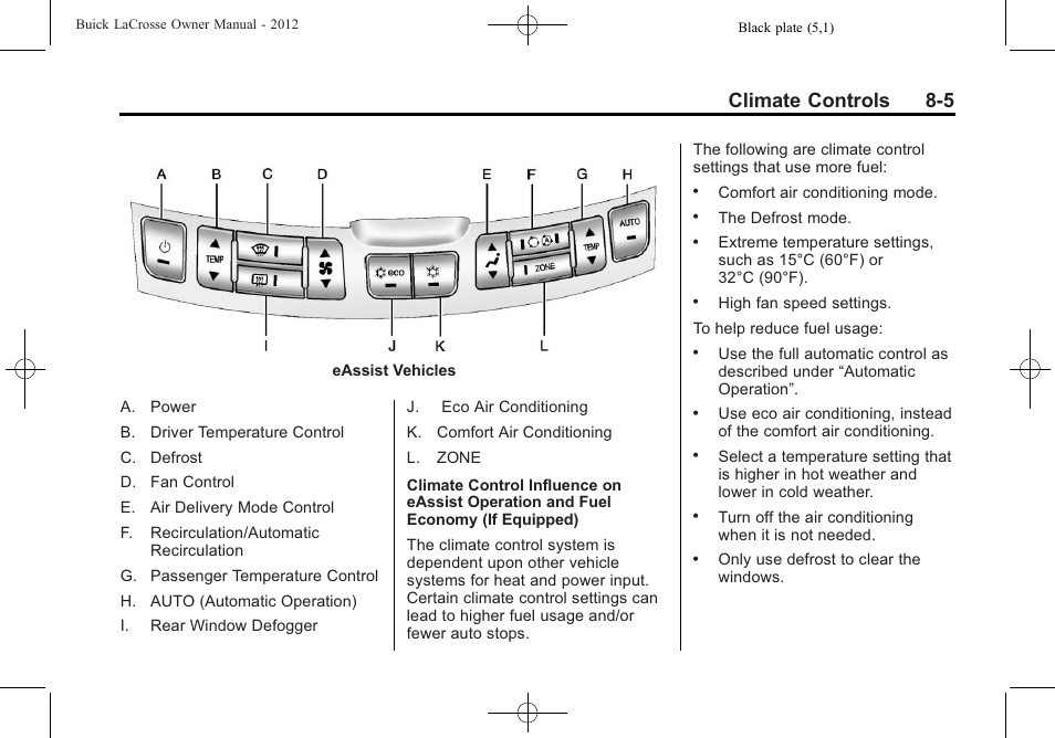 Climate controls 8-5 | Buick 2012 LaCrosse User Manual | Page 261 / 496