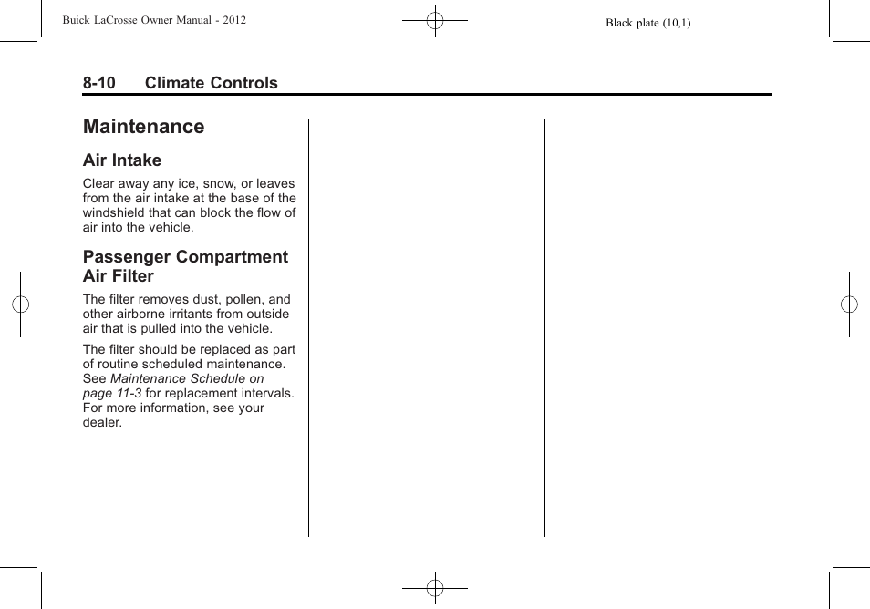 Maintenance, Air intake, Passenger compartment air filter | Air intake -10 passenger compartment air, Filter -10 | Buick 2012 LaCrosse User Manual | Page 266 / 496