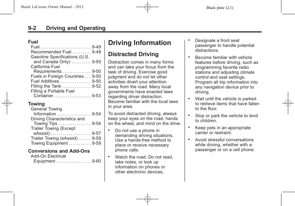 Driving information, Distracted driving, Distracted driving -2 | 2 driving and operating | Buick 2012 LaCrosse User Manual | Page 268 / 496