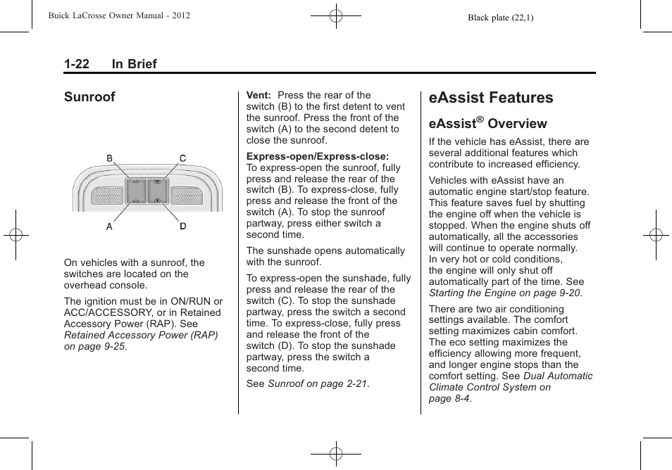 Sunroof, Eassist features, Eassist® overview | Eassist features -22, Storage, Sunroof -22, Eassist, Overview -22, Overview | Buick 2012 LaCrosse User Manual | Page 28 / 496