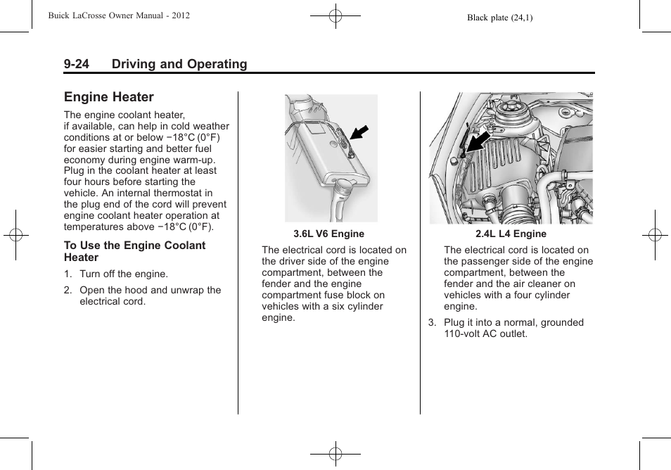 Engine heater, Engine heater -24, Ride | Buick 2012 LaCrosse User Manual | Page 290 / 496