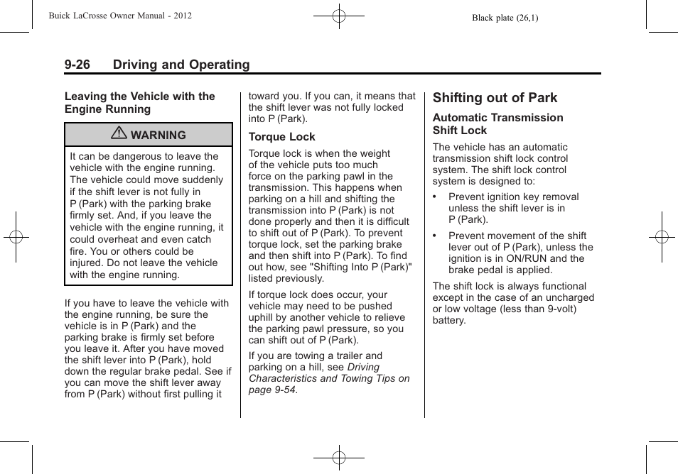 Shifting out of park, Out of park -26 | Buick 2012 LaCrosse User Manual | Page 292 / 496