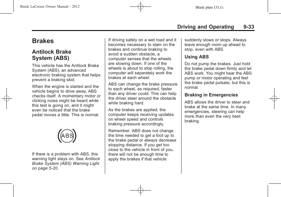 Brakes, Antilock brake system (abs), Antilock brake | System (abs) -33 | Buick 2012 LaCrosse User Manual | Page 299 / 496