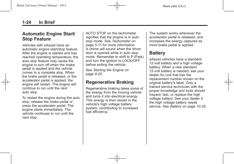 Automatic engine start/stop feature, Regenerative braking, Battery | Automatic engine start/stop, Feature -24, Regenerative braking -24 battery -24, Automatic engine start/ stop feature | Buick 2012 LaCrosse User Manual | Page 30 / 496