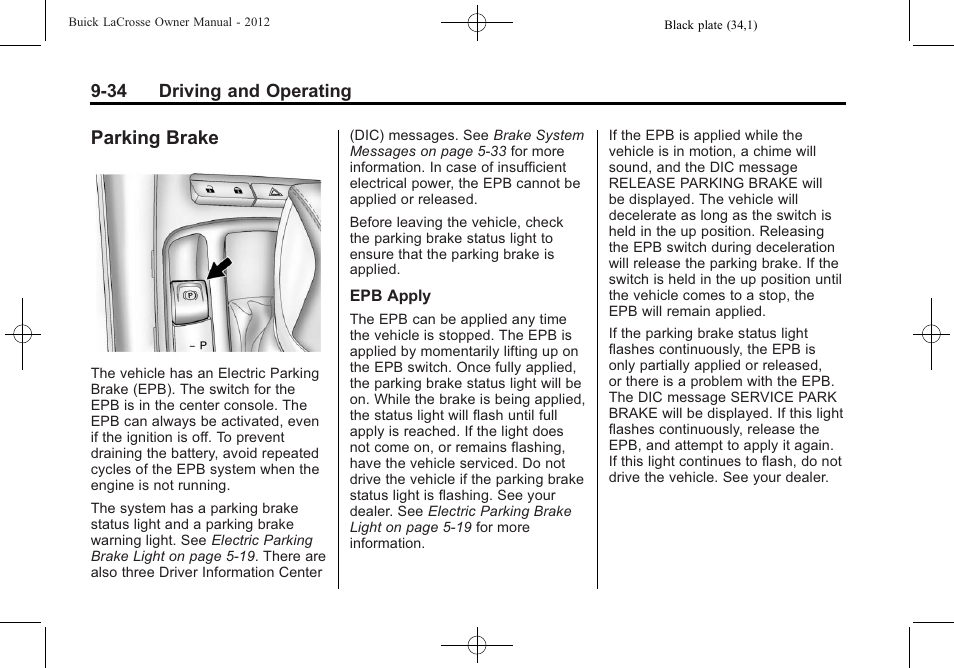 Parking brake, Parking brake -34 | Buick 2012 LaCrosse User Manual | Page 300 / 496