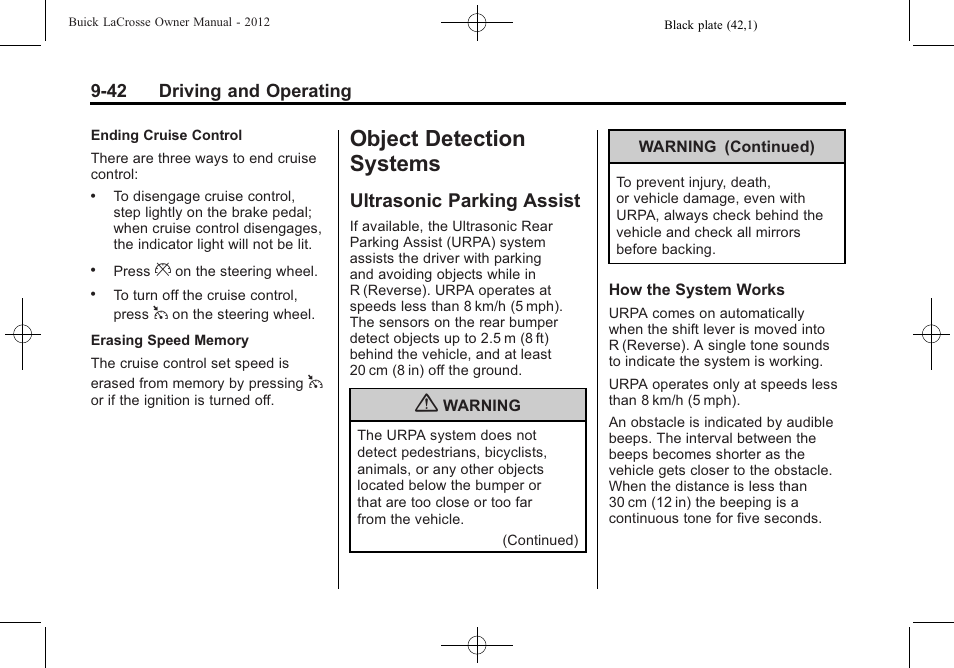 Object detection systems, Ultrasonic parking assist, Object detection systems -42 | Maintenance schedule, Ultrasonic parking assist -42 | Buick 2012 LaCrosse User Manual | Page 308 / 496