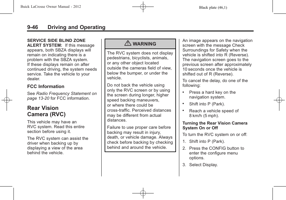 Rear vision camera (rvc), Rear vision, Camera (rvc) -46 | 46 driving and operating | Buick 2012 LaCrosse User Manual | Page 312 / 496