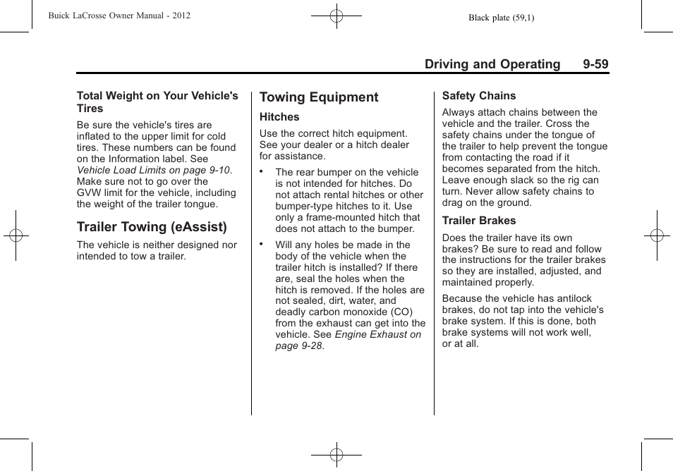 Trailer towing (eassist), Towing equipment, Trailer towing (eassist) -59 towing equipment -59 | Place, Driving and operating 9-59 | Buick 2012 LaCrosse User Manual | Page 325 / 496