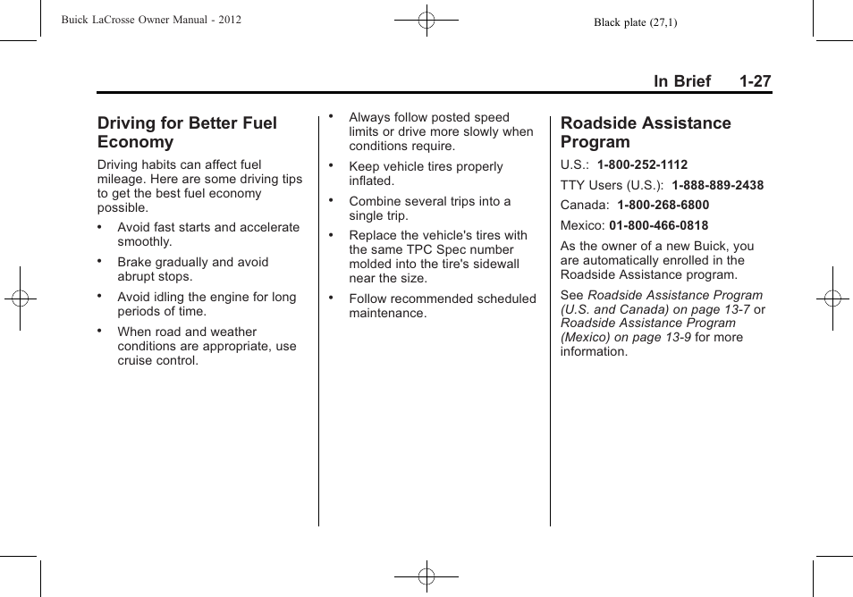 Driving for better fuel economy, Roadside assistance program, Driving for better fuel | Economy -27, Roadside assistance, Program -27 | Buick 2012 LaCrosse User Manual | Page 33 / 496