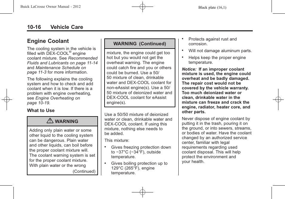 Engine coolant, Engine coolant -16, 16 vehicle care | Buick 2012 LaCrosse User Manual | Page 342 / 496