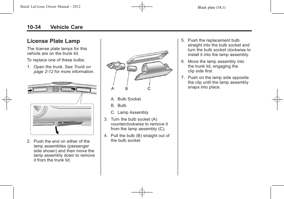 License plate lamp, License plate lamp -34, 34 vehicle care | Buick 2012 LaCrosse User Manual | Page 360 / 496