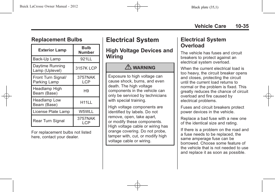 Replacement bulbs, Electrical system, High voltage devices and wiring | Electrical system overload, Electrical system -35, Vehicle identification, Replacement bulbs -35, High voltage devices and, Wiring -35, Overload -35 | Buick 2012 LaCrosse User Manual | Page 361 / 496