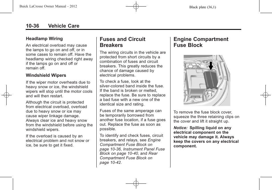 Fuses and circuit breakers, Engine compartment fuse block, Fuses and circuit | Breakers -36, Engine compartment, Fuse block -36, Engine compartment fuse | Buick 2012 LaCrosse User Manual | Page 362 / 496