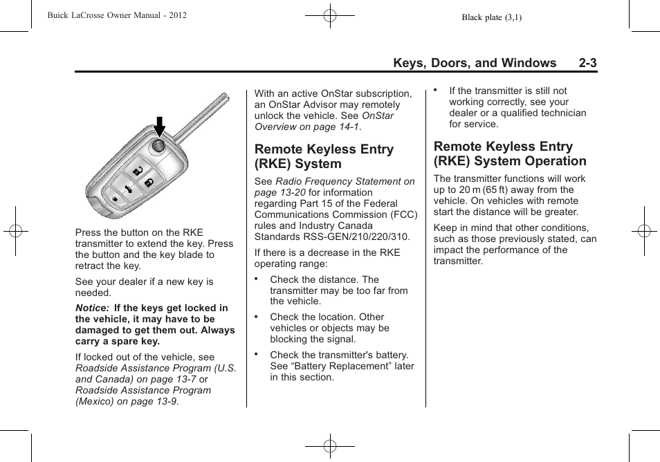 Remote keyless entry (rke) system, Remote keyless entry (rke) system operation, Remote keyless entry (rke) | System -3, System operation -3, Keys, doors, and windows 2-3 | Buick 2012 LaCrosse User Manual | Page 37 / 496