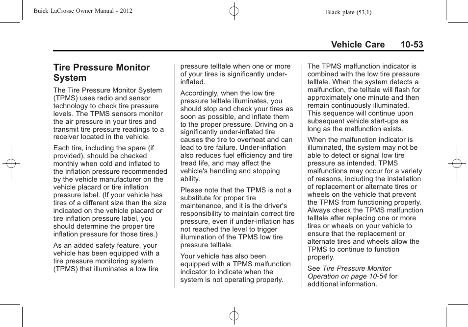 Tire pressure monitor system, Tire pressure monitor, System -53 | Buick 2012 LaCrosse User Manual | Page 379 / 496