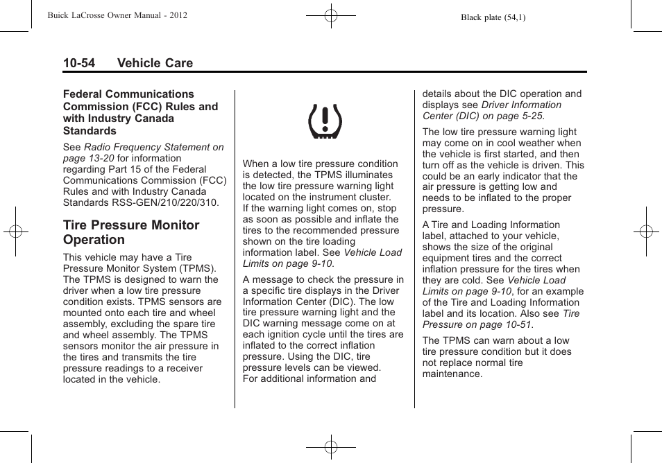 Tire pressure monitor operation, Tire pressure monitor, Operation -54 | Buick 2012 LaCrosse User Manual | Page 380 / 496