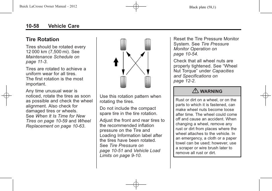 Tire rotation, Tire rotation -58 | Buick 2012 LaCrosse User Manual | Page 384 / 496