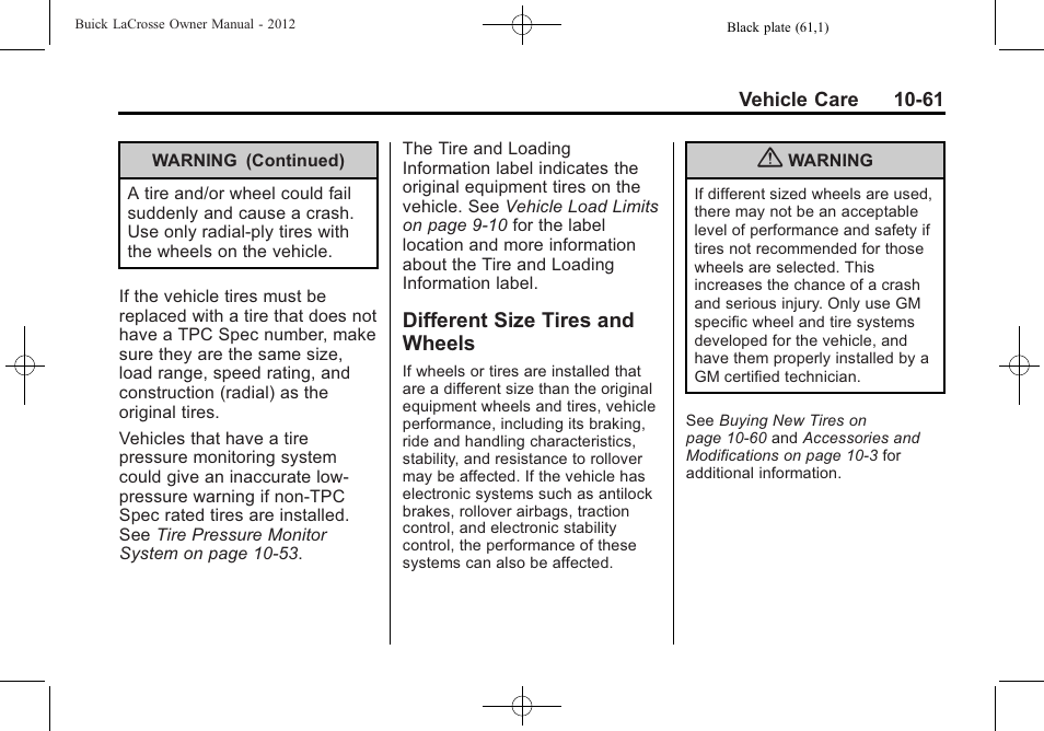 Different size tires and wheels, Different size tires and, Wheels -61 | Buick 2012 LaCrosse User Manual | Page 387 / 496